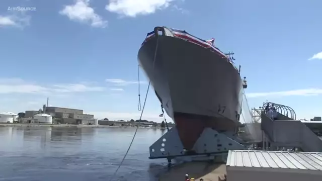 US Navy Launches New Warship Sideways Into Water  USS Billings Christening and Launch